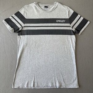 Oakley T Shirt Mens Large Black Gray Short Sleeve Crew Striped Skate Y2K Logo